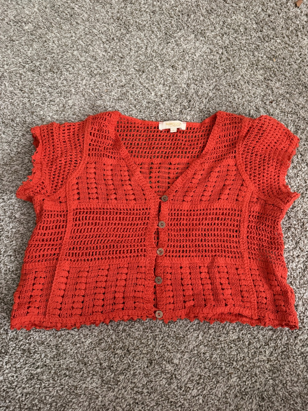 Rebellion Crochet Cropped Button-Front Cardigan - Red